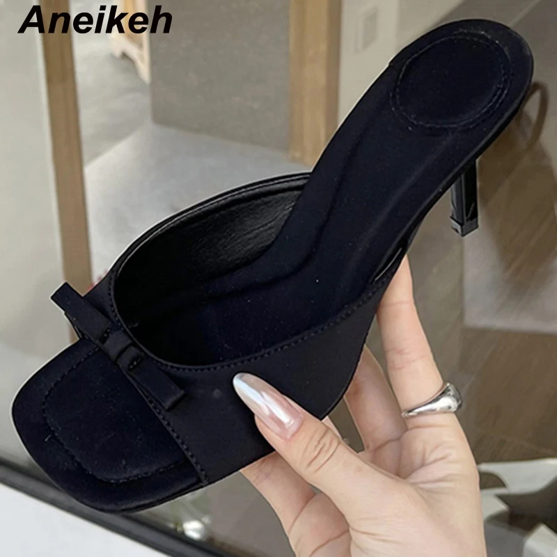Aneikeh Slipper Mules Low High Heels Shoes 2026 Summer Best Street Look Females Square Head Open Toe Bow Strappy Sandals Women 2