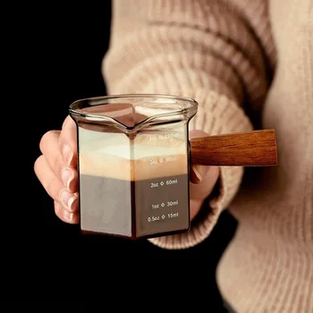 120ML Espresso Extraction Cups Glass Coffee Cup With Scale & Wooden Handle Single Mouth Measuring Cups Latte Milk Jug ounce cup