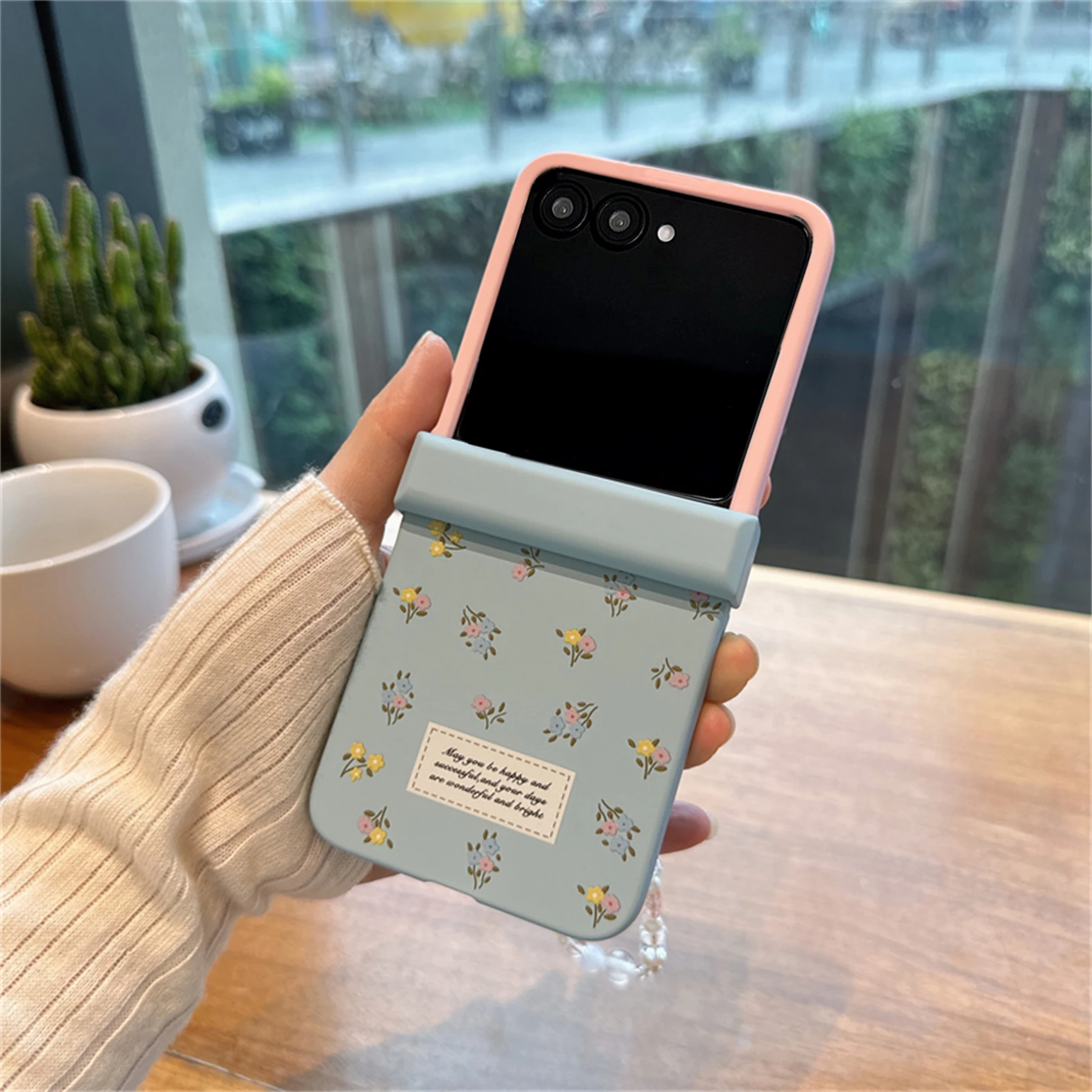 Cute Fresh Floral Pink Blue Phone Case with Bow and Beaded Bracelet Chain
