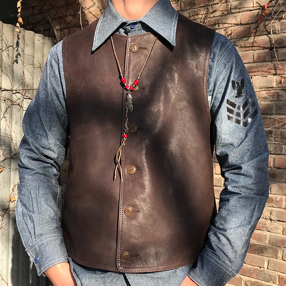 

European Mans Wedding Blazer Vest Coat Cowhide Casual Man's Weskit Vest 4XL Vintage Motorcycle Man's Waistcoat Genuine Leather