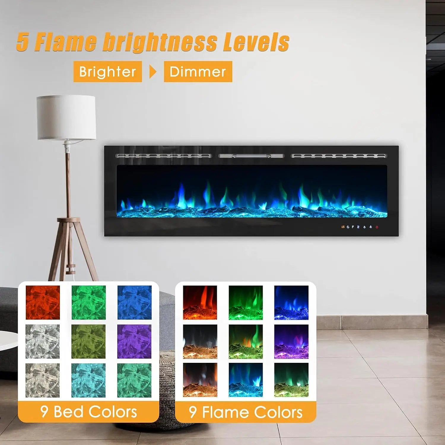Electric Fireplaces Recessed Wall Mounted Fireplace Insert 70 Inch Wide Heater LED Fire Place Remote Control & Touch Screen