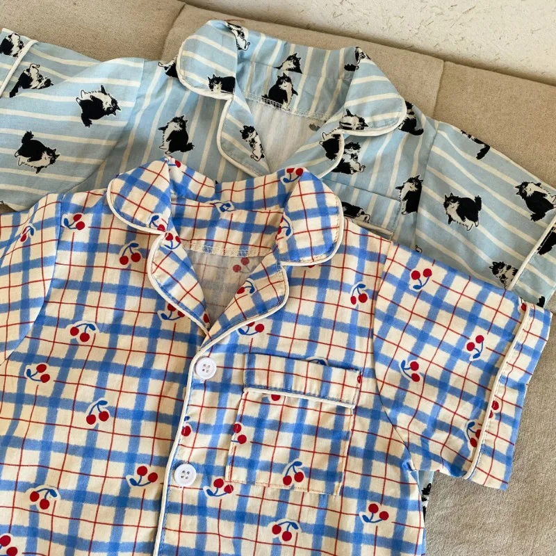 Children's Pajamas Summer 1-8Y Home Clothing Set Thin Pure Cotton Boys Lapel Top Pants 2Pcs Suit Girls Cartoon Printed Sleepwear