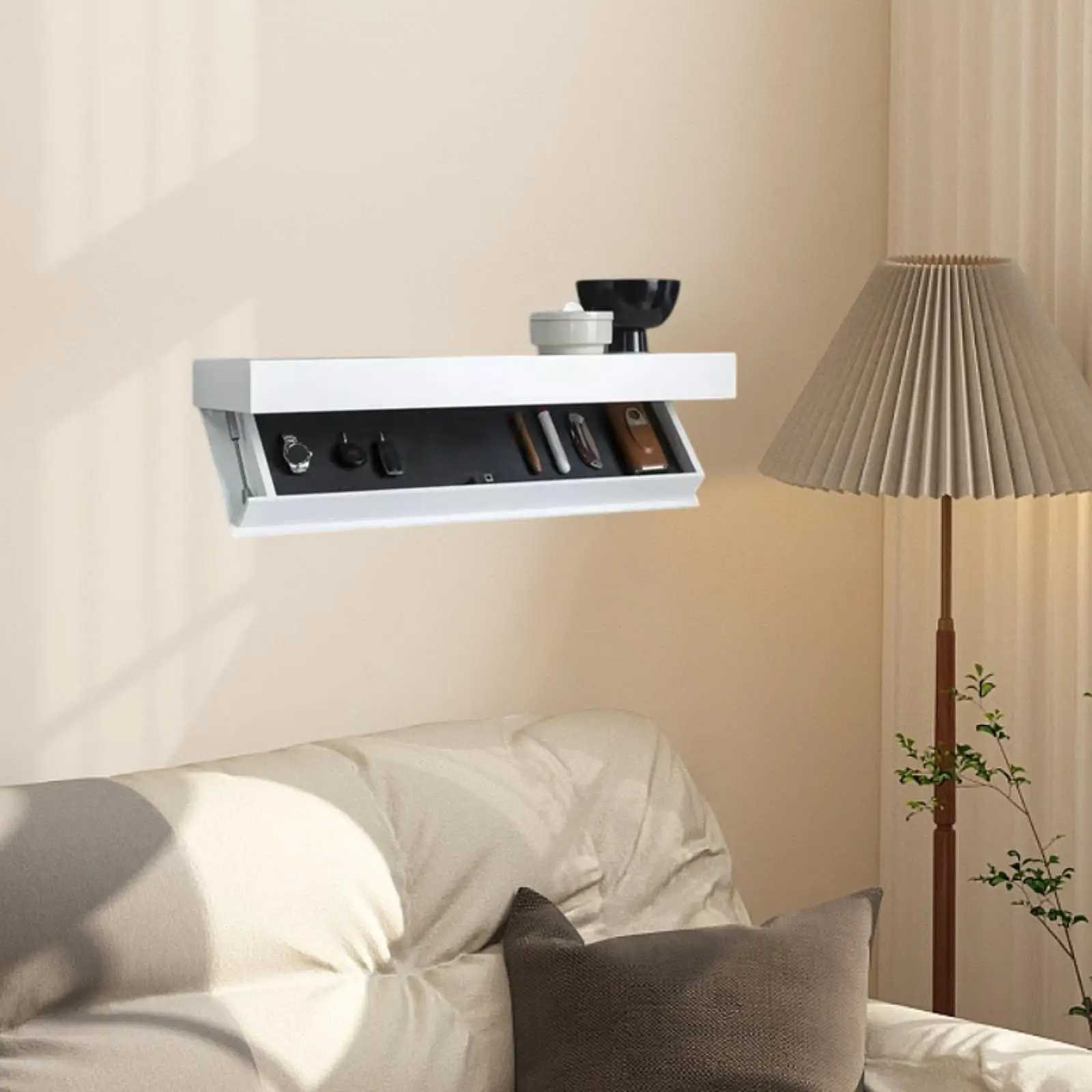 Floating Shelf with Hidden Compartment Decorative Wooden Modern Wall Mounted Drawer for Bathroom Office Kitchen Small Space Dorm