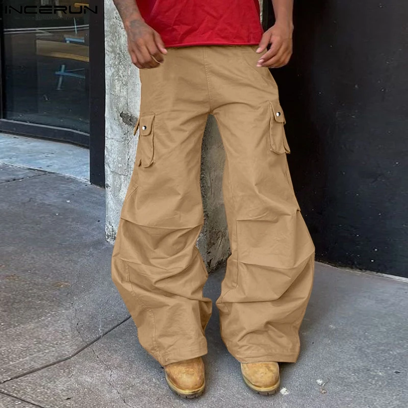 INCERUN Summer Men Wide Leg Pants Fashion Cargo Pants Solid Pocket Pleated Long Trousers Oversized Pantalons Men's Clothing 2
