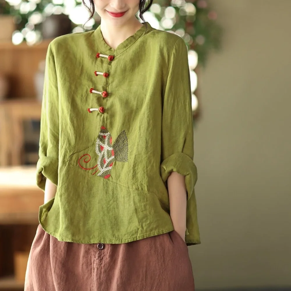 Women Chinese Style Shirt 3XL Traditional Linen Embroidery Tops Retro Loose Hanfu Blouse women chinese shirt women satin blouse