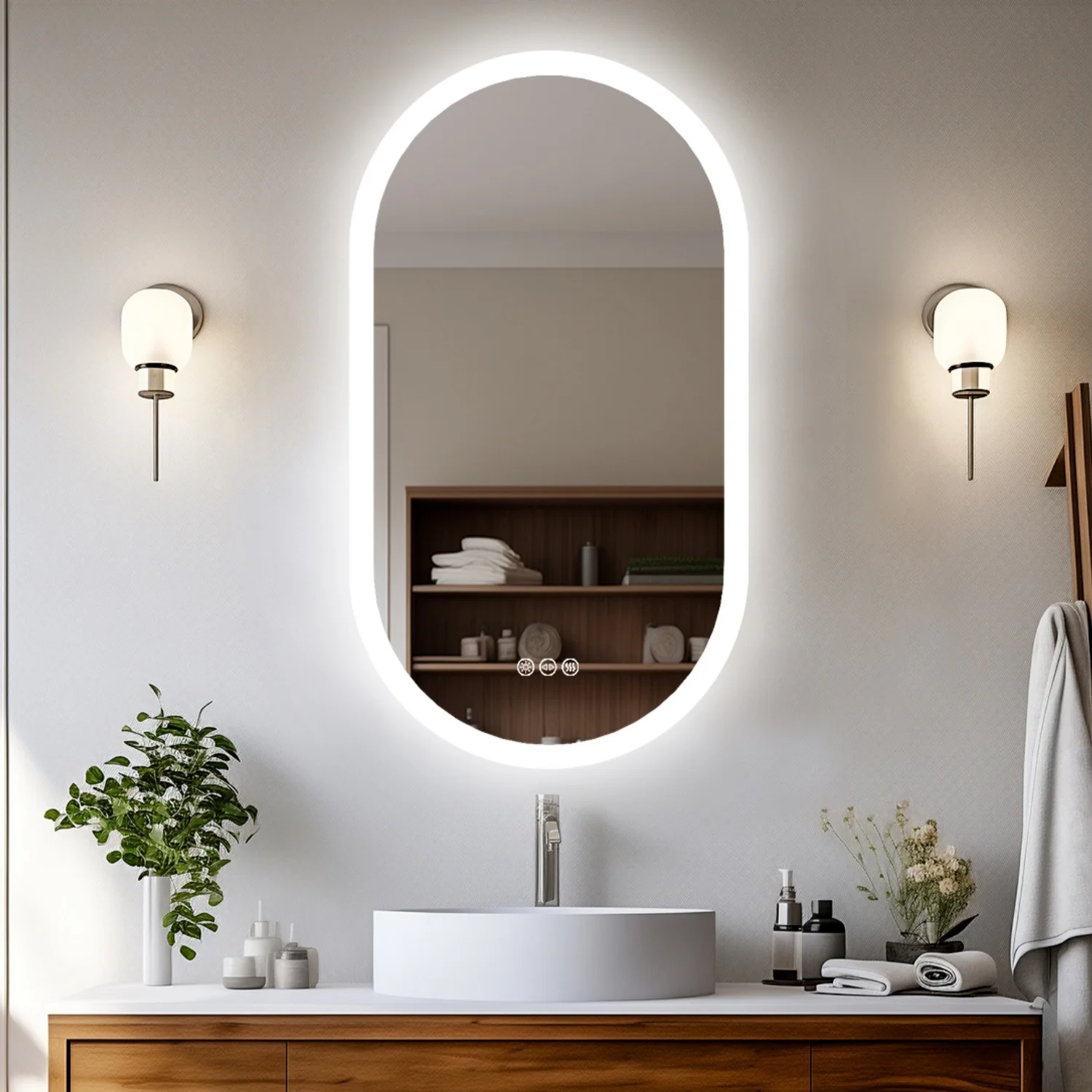 100/120cm Oval LED Bathroom Mirror Dimmable 3 Colors Light Smart Anti Fog Wall Mounted Vanity Mirror Plug/Hardwire Install