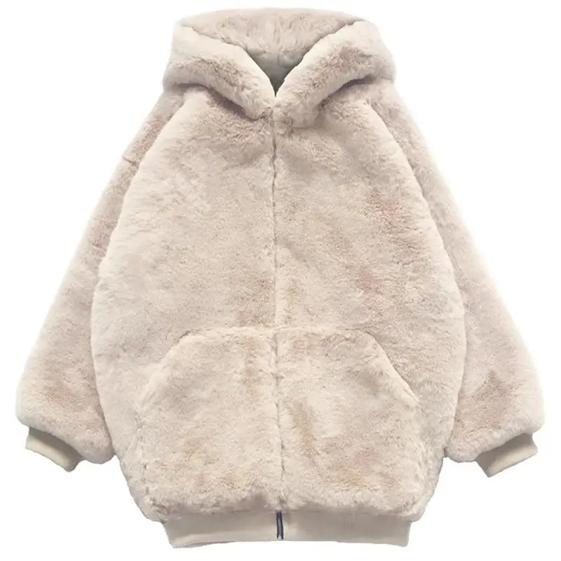Imitation Plush Fur Coat Women's Autumn And Winter Loose Cocoon Type Thickened Rabbit Hair Clothes Oversize Hooded Coat 2023