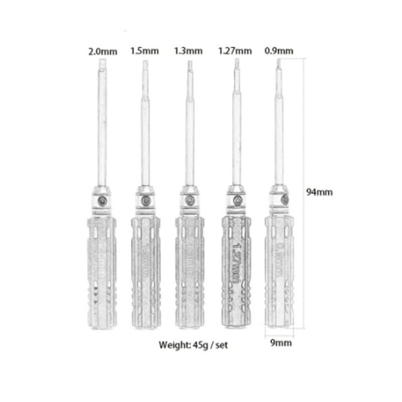 Jeu De 5 Tournevis Hexagonaux Pour RC FPV - 0.9mm à 2.0mm - Longueur 93mm