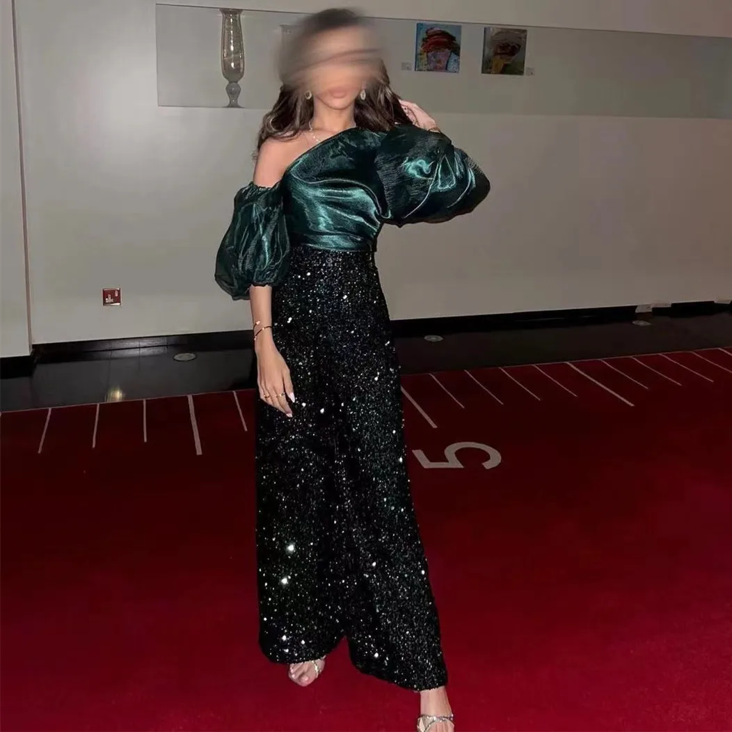 

Two Pieces Sparkling Sequins Pant Suits Women Wear for Prom New Style Off Shoulder Puffy Sleeves Spcial Occasion Evening Gowns