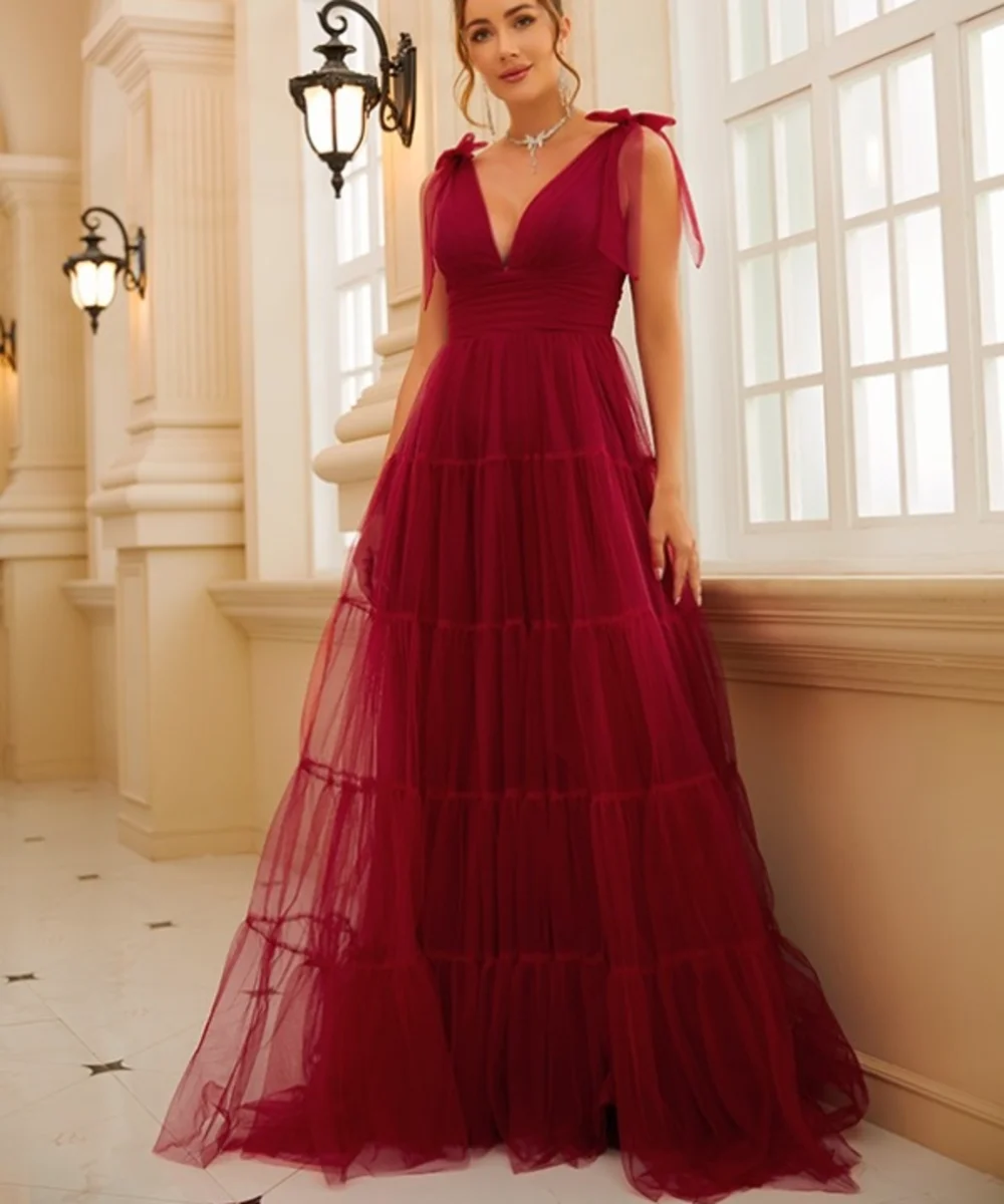 

Sexy Long Burgundy V Neck Tulle Evening Dresses Sleeveless Backless A Line Sweep Train Robes De Soirée Party Gowns