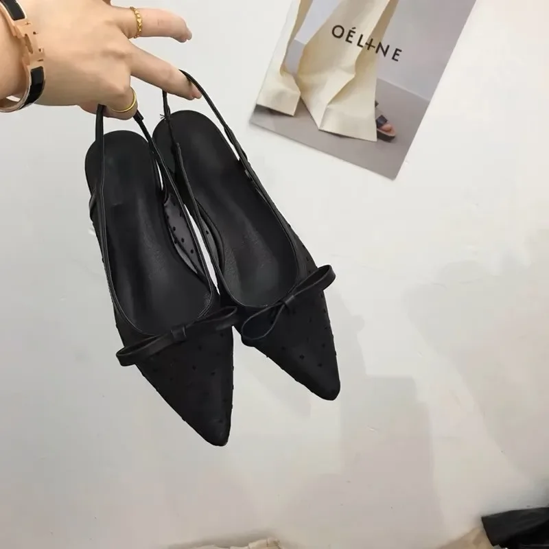 Sandals Women Flat Baotou 2024 Mesh Breathable Bow-knot Sandalias Fashion Summer Low Heels Pointed Shoes Female Chaussure Femme