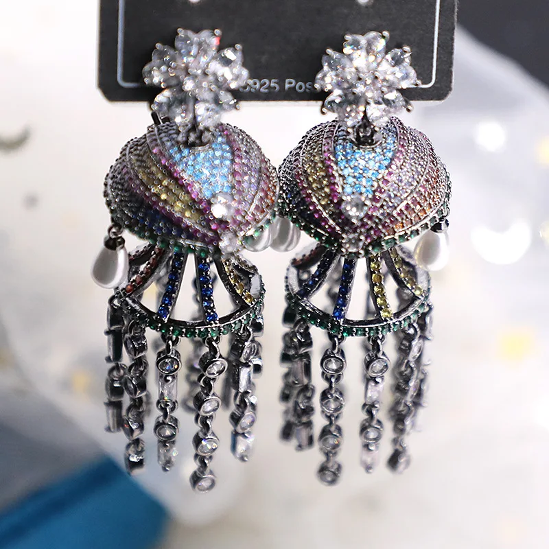 Bilincolor Micro Set Zircon Flower Wind Chime Tassel Earrings