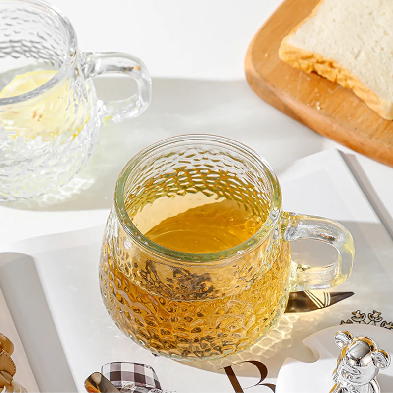 Hammer Pattern Glass Cup with Bear Lid and Spoon, Coffee Cup, Juice Glass Mug, Hand Handle, Tea Cup, Office Drinking, 300/400ml