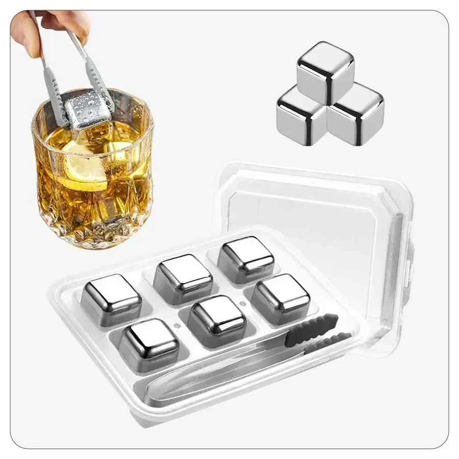 6 Piece Whiskey Ice Cubes Set with Silicone Head Tongs and Ice Cube Trays Stainless Steel Cubes Reusable