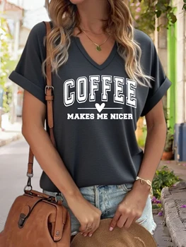 Women's V-Neck "Coffee Makes Me Nicer" Graphic Tee, Funny Coffee Lover Print T-Shirt, Casual Short Sleeve Top 1