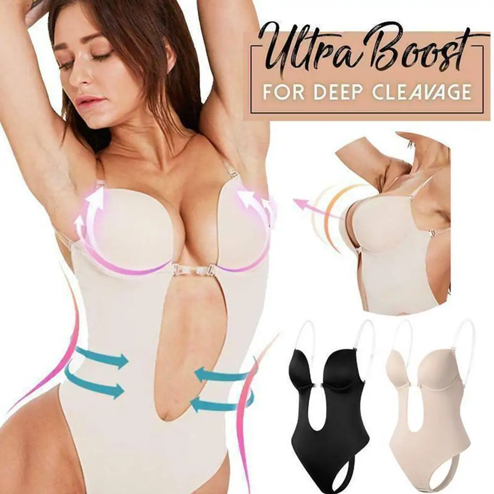 Sexy U Plunge Slimming Bodysuit Women's Deep V Backless Bra Thong