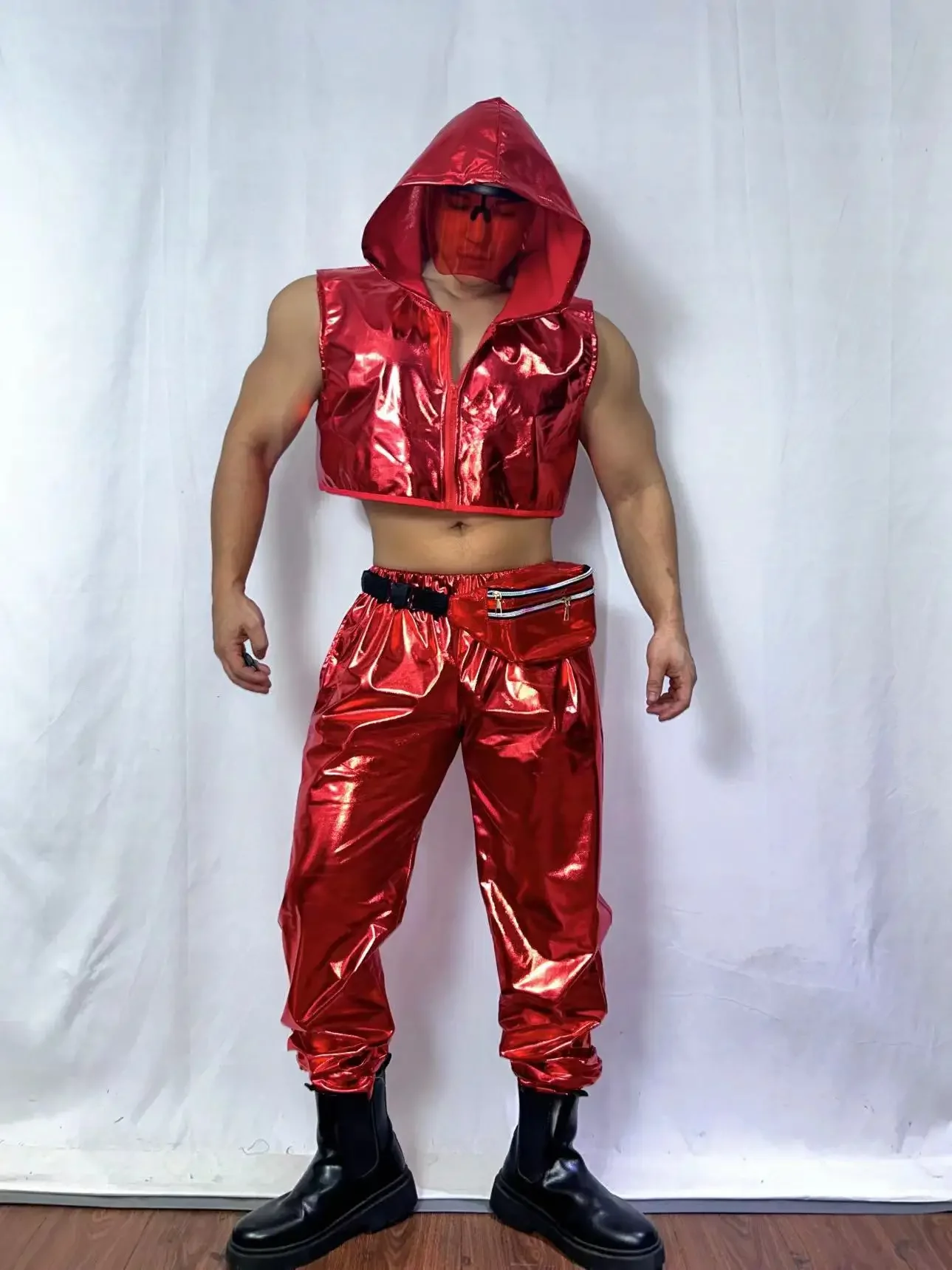 Red Leather Vest Pants Outfit Nightclub Bar Gogo Men Singer Hip Hop Jazz Street Dance Costume Dancer Groups Stage Party Club Set