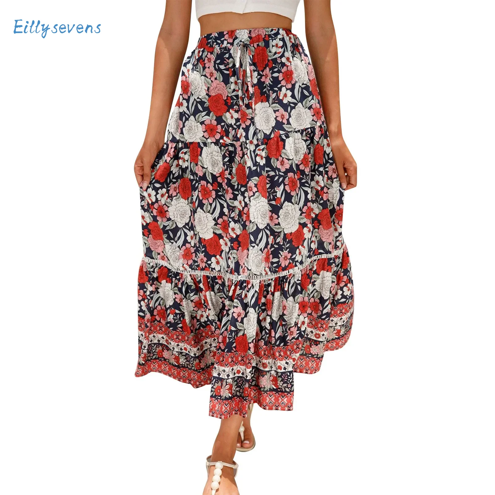 

Women'S New Lace Splicing Long Skirts Fashion Trend Leisure Vacation Flowy Skirts Flower Printed Elastic Waist A-Line Skirts