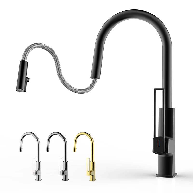 Brass Deck Mounted Black Kitchen Faucet With Filter Single Handle 360 Swivel Extendable Pull Out Stream Sink Tap Hot Cold Mixer