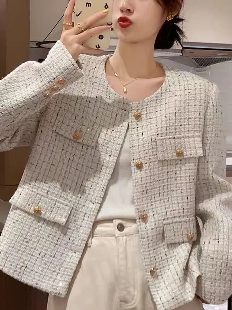 

High-Quality New Arrival Single Breasted Casual O-Neck Elegant Tweed Woolen Coat Autumn Korean Women Outerwears Jacket