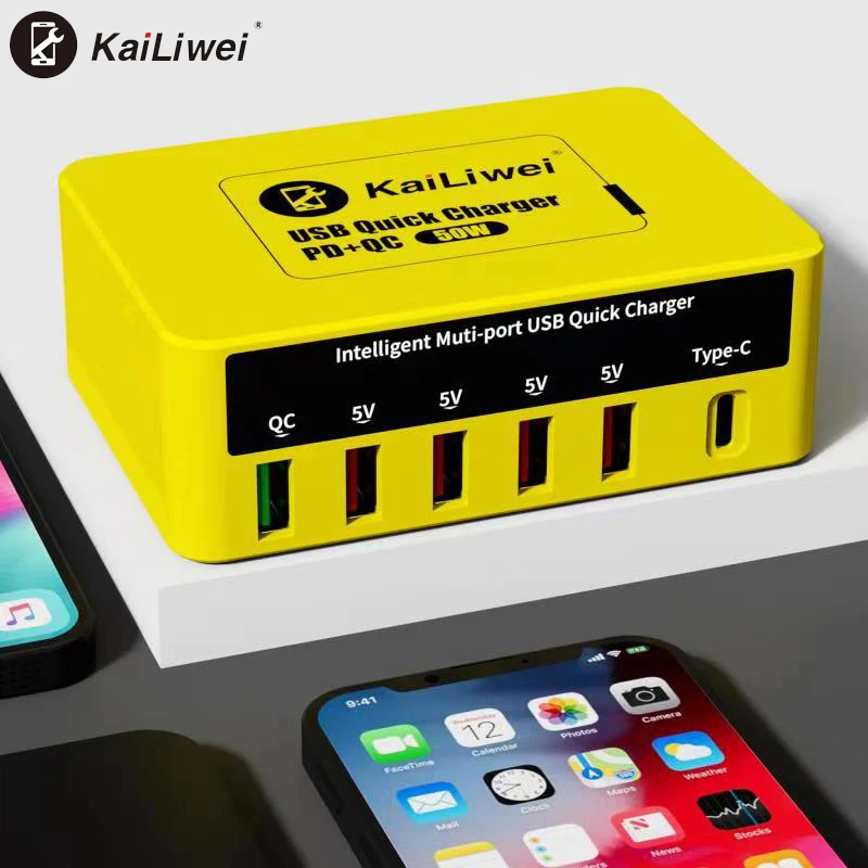 

Kailiwei KLW-818 6-Port Intelligent USB Charger PD+QC 3.0 USB Quick Charger For iPhone Samsung Tablet Phone Charger Adapter