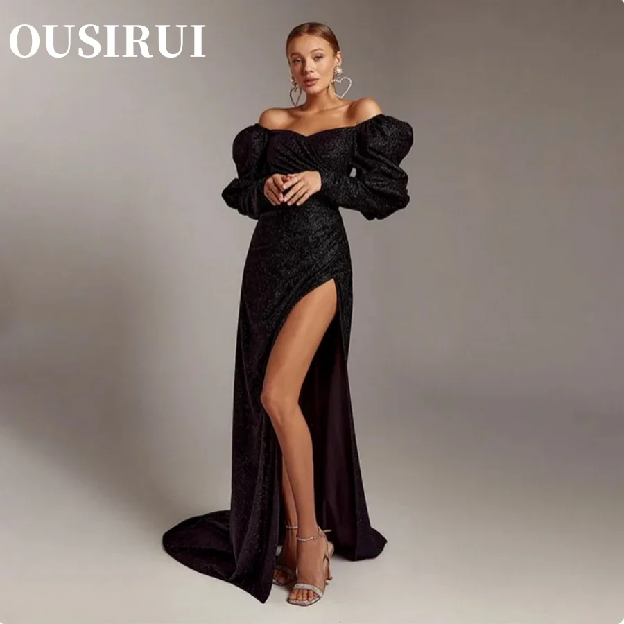 

OUSIRUI Sexy Sweetheart Evening Dresses Side Slit Formal Party Grown Stunning Black Long Puff Sleeves Prom Dresses