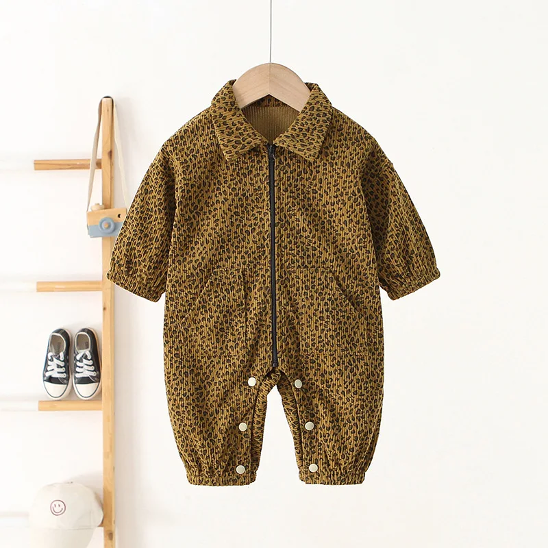 Corduroy Leopard Print Jumpsuits Rompers for Baby Boys Girls