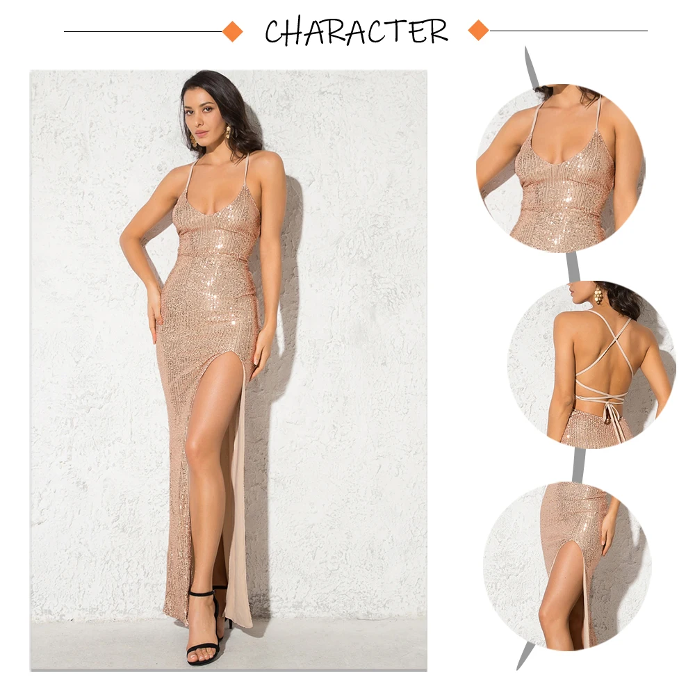S76394d7ba0934cce95834d22ed04f5ccy Sexy V Neck Lace Up Sequined Cocktail Party Dress Backless Split Leg Sleeveless Summer Long Dresses Evening Wedding Gown Mallzona