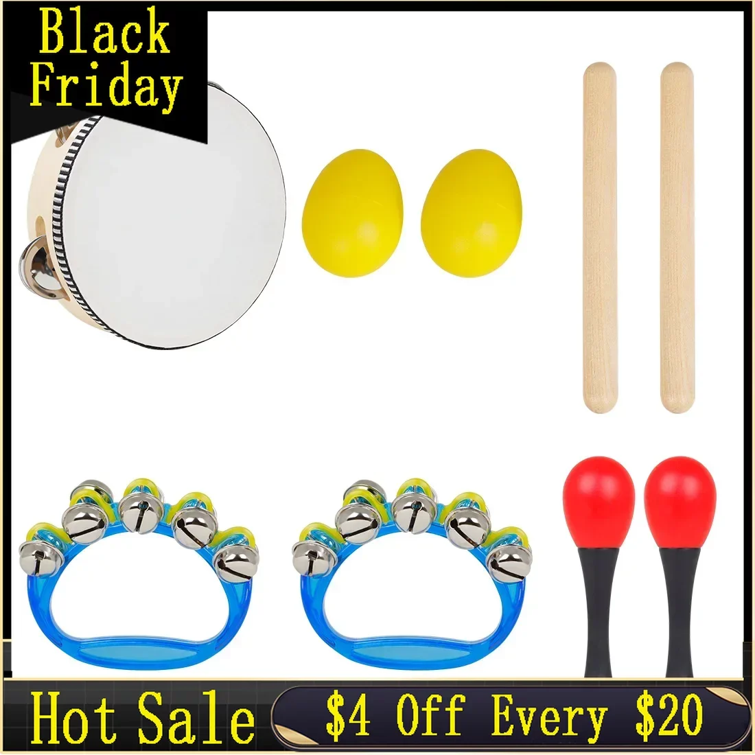 Orff Instrument Set 5Pcs/Set 6 Inch Black Lamb Chop Tambourine Sand Egg Rhythm Stick Children's Percussion Instrument Set