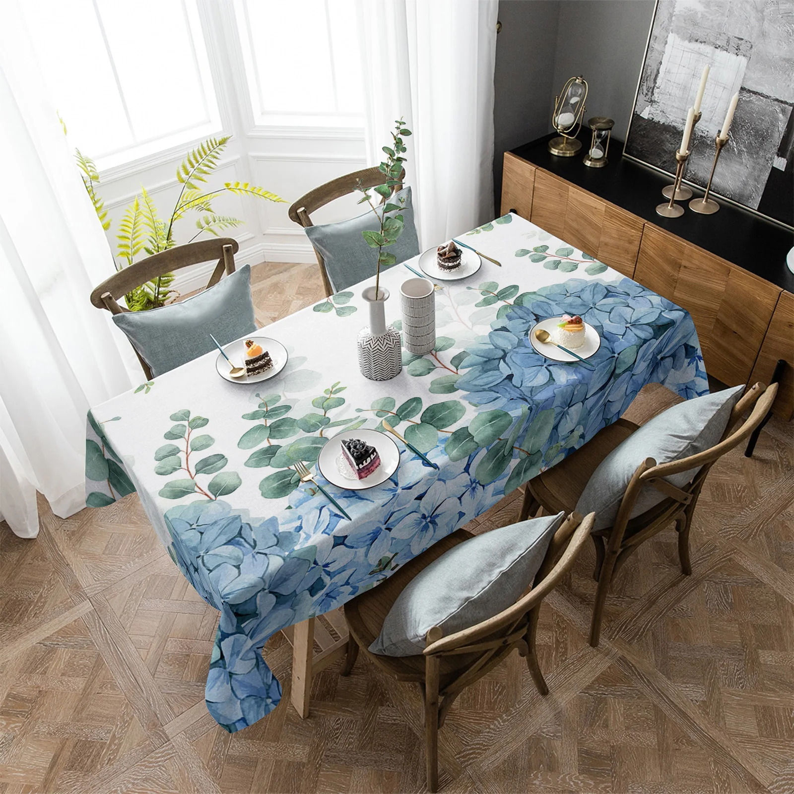 

Водонепроницаемая скатерть из эвкалипта, Листьев, гортензии, цветов, растений, декоративная прямоугольная скатерть для кухонного стола