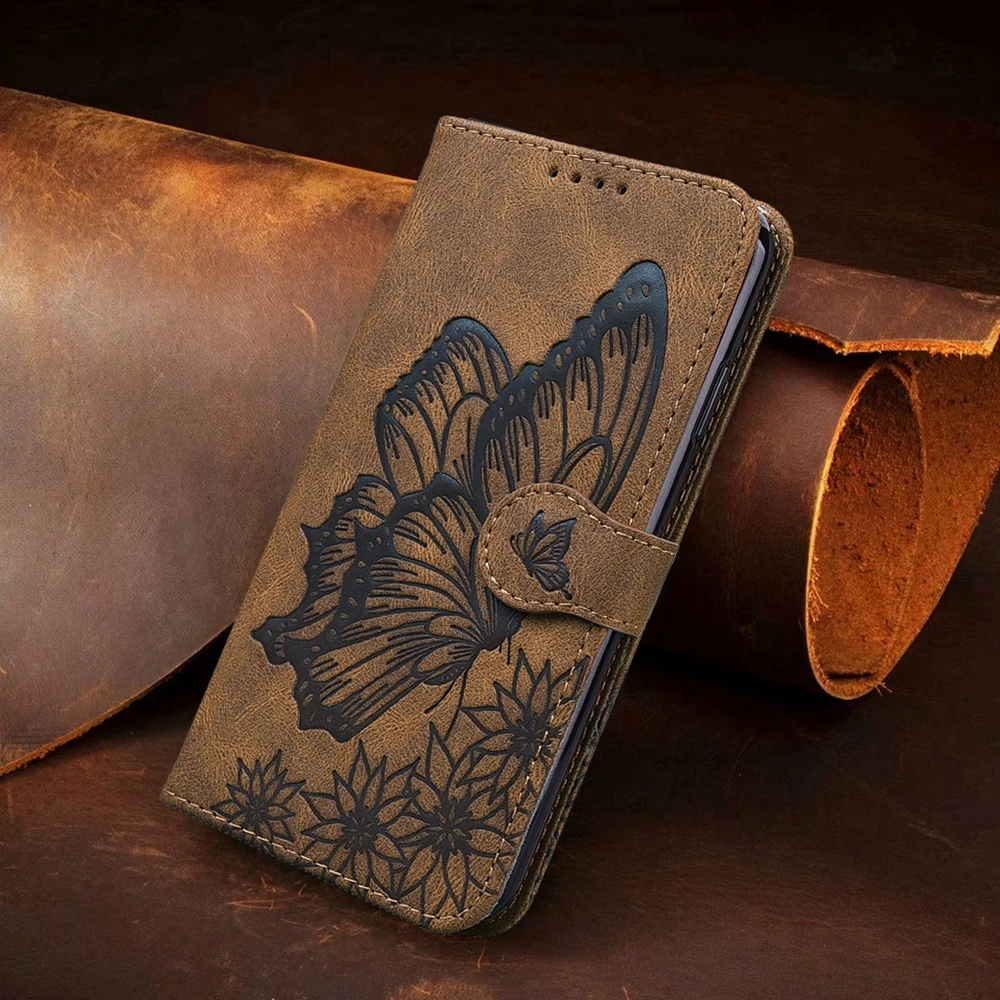 Butterfly Leather Flip Case with Card Holder and Hasp Wallet Features