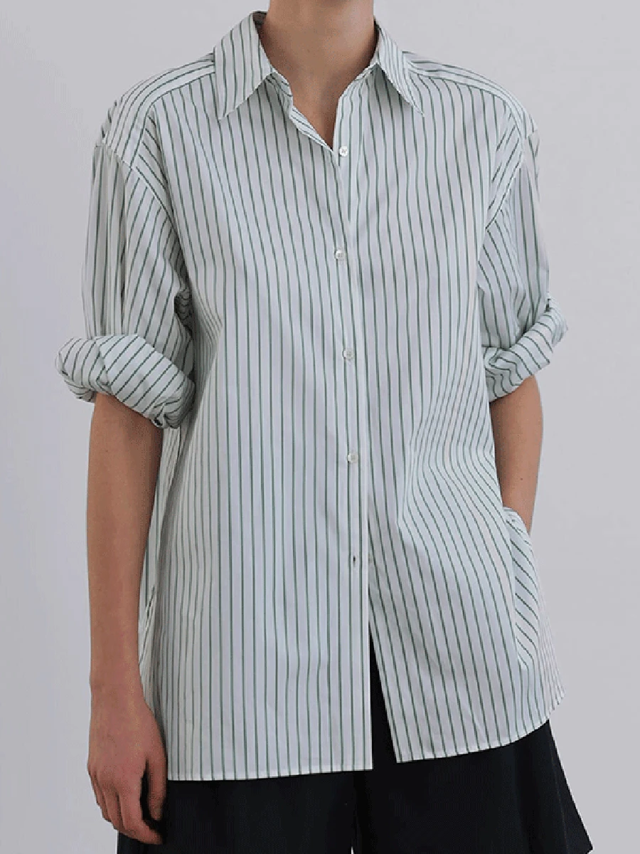 

Green Striped Blouses Single Breasted Long Sleeve Vintage Casual Blouse For Women 2023 Autumn Fashion Simple Shirt Tops Clothing