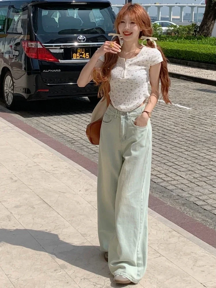 여성용 와이드 레그 청바지, 하이 웨이스트, 레트로 표백, 워싱, 헐렁한 바닥 길이, 고민 한국 패션, 올매치, 심플하고 시크한 여름