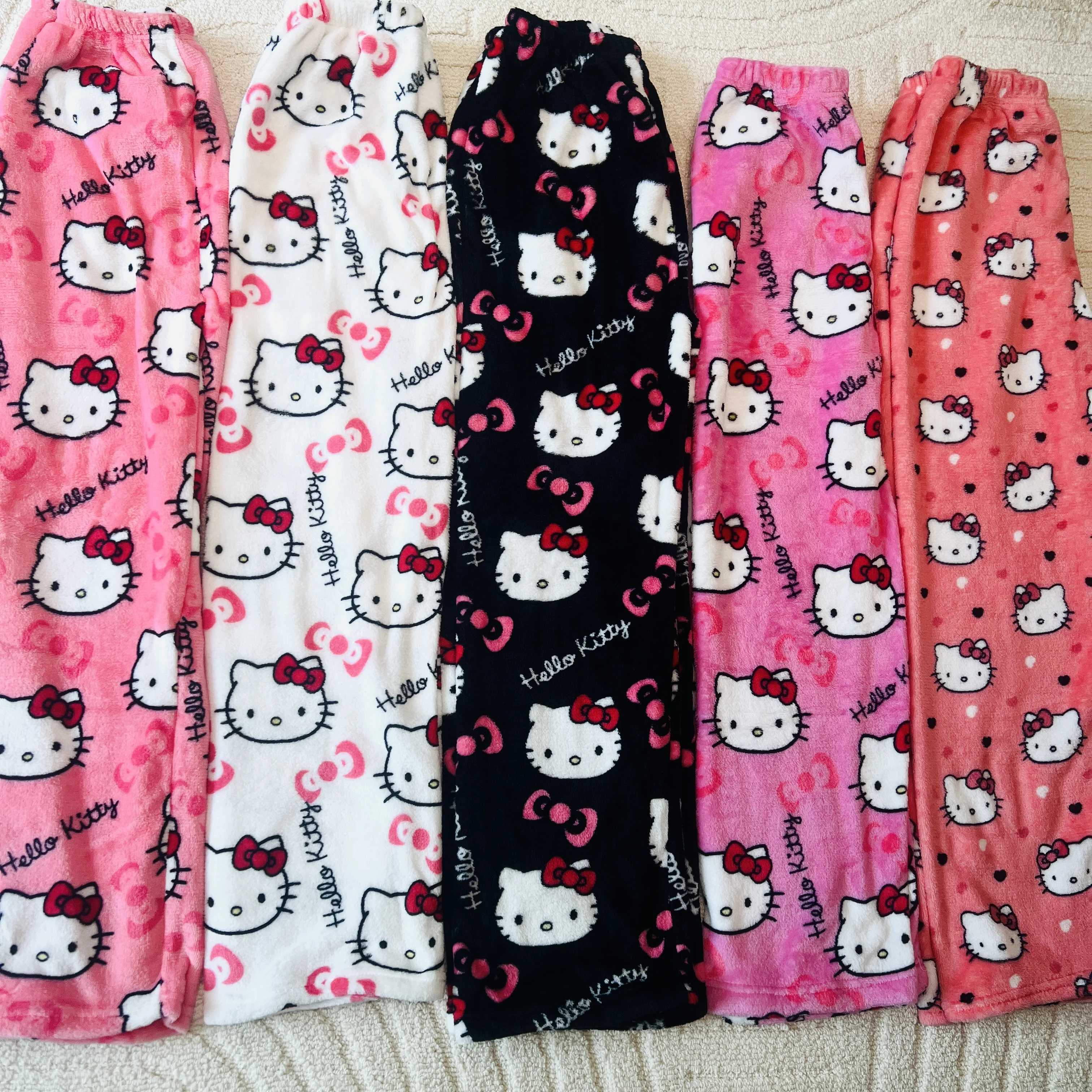 Sanrio Hello Kitty Flannel Pajamas Halloween Christmas Winter Women Wear Warm Home Casual Pants Graffiti Trousers Girl Gift