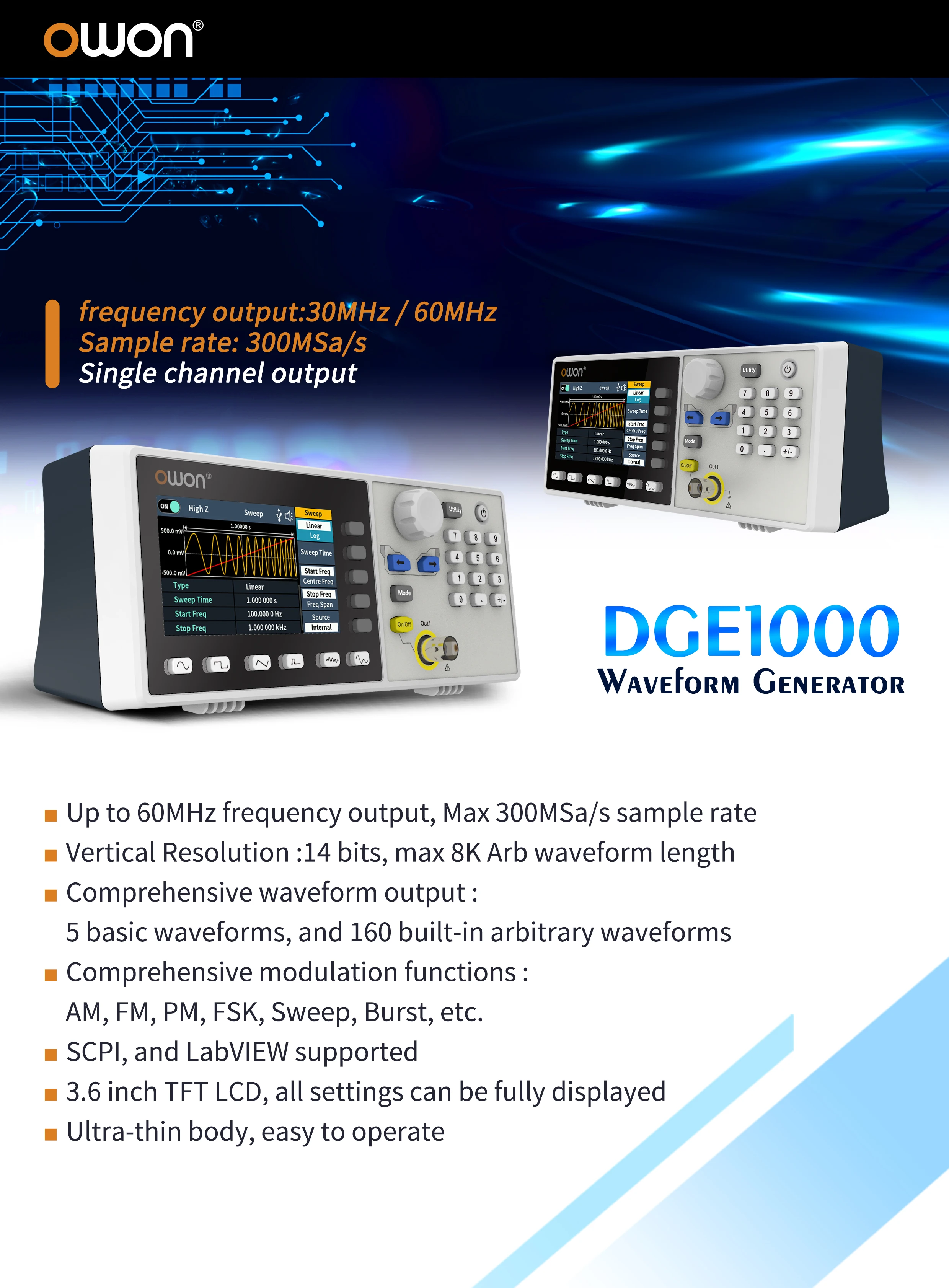DGE1030 DGE1060 30MHz Arbitrary Waveform Generator Single Channel 1CH 3.6inchs B