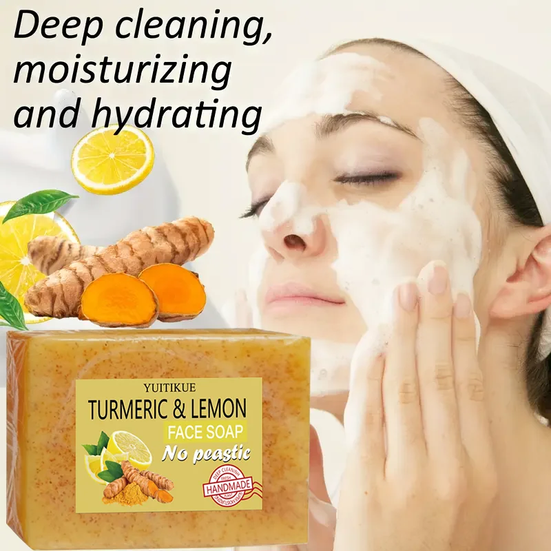 YUITIKUE Turmeric and Lemon Soap Lemon Cleanser Brightens Dull Skin Minimizes Pores Enhances Skin Tone Exfoliating Soap
