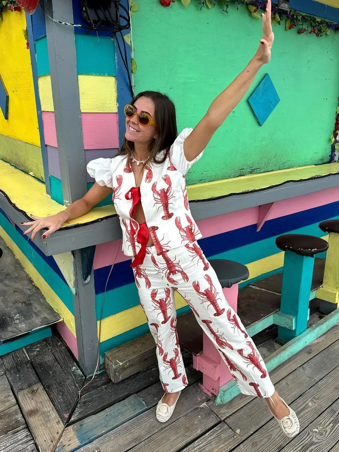 Women Casual Bow Tie Puff Sleeve Tops Pants Sets Summer