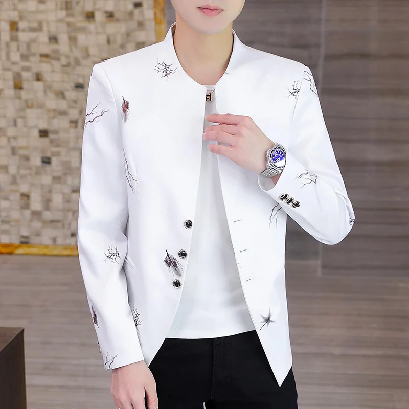 Autumn Feather Print Men Blazers Slim Fit Long Sleeve Collarless Casual Suit Jacket Korean Fashion Business Dress Coats M-4XL