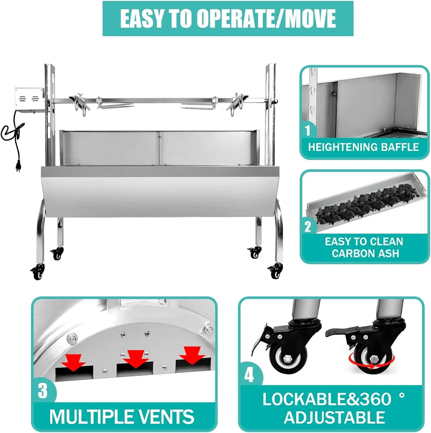 Steel Rotisserie Grill with Wind Deflector, 25W Motor Small Pig Whole Lamb Rotisserie Roaster, 80kg BBQ Charcoal Rotis