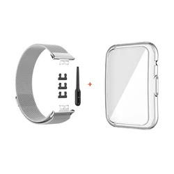 Milanese Loop Magnetic Stainless Steel Band with Protective Case - 2 Piece Set for Huawei Watch Fit (1 silver)