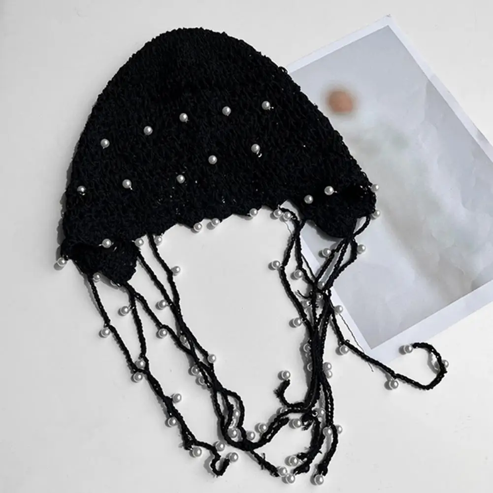 Women Crochet Hat Solid Color Ethnic Style Knitted Hat with Tassel Trim Lace-up Handmade Crochet Hat 2