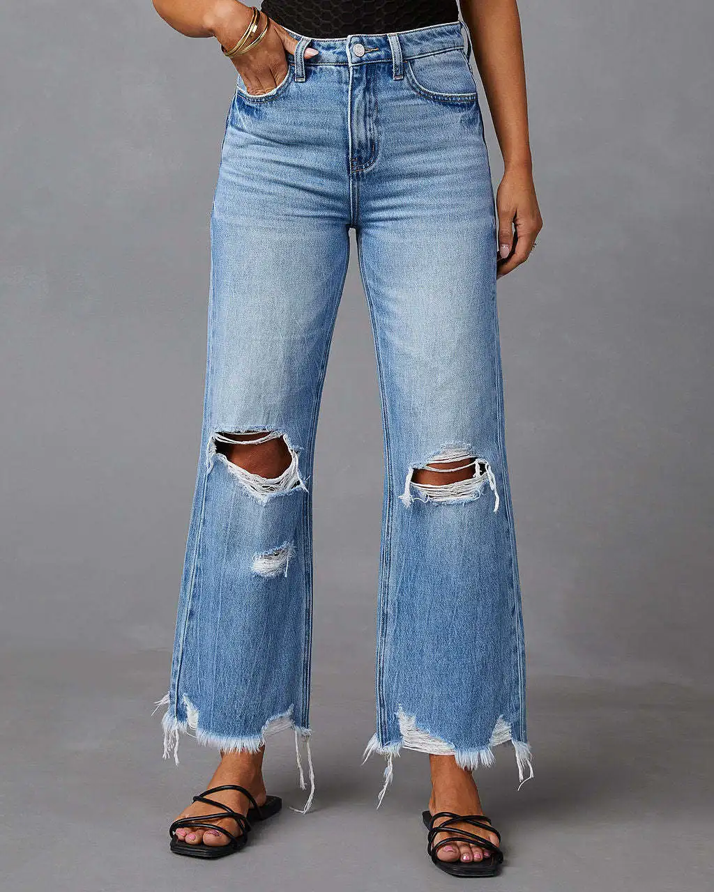 

European and American new style casual wide-leg pants with tassels washed ripped holes straight long jeans