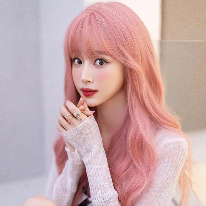 GAKA Pink Orange Synthetic Wig Long Water Wave Wig Lady Colorful Cosplay Lolita Wig With Bangs Heat Resistant