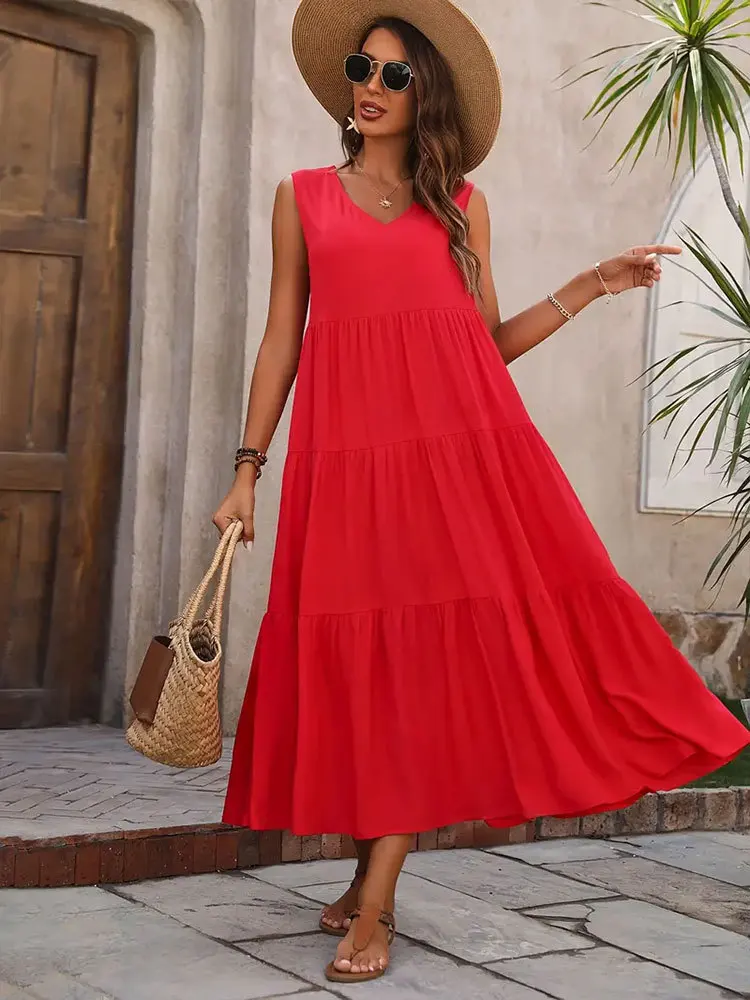 robe Boho ample sans manches-rouge