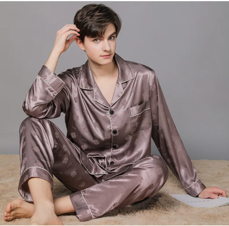 2022 New Spring and Summer Men's Silk Long-sleeved Trousers Thin Plaid Pajamas Mock Silk Men's Home Wear Men's Pajamas Pajamas silk sleepwear