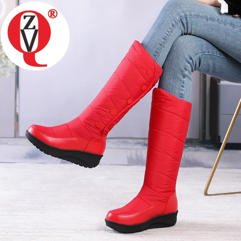 

ZVQ 2023 New Winter Style Fashion Snow Boots Round Toe Platform Wedges Leather And Micro Fiber Upper Cross Tied Booties