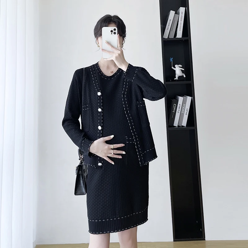 

Elegant Pregnant Women Cardigan and Dress Two Pieces Set Internet Celebrity Maternity Knit Dress Single Breast Cardigan Thin