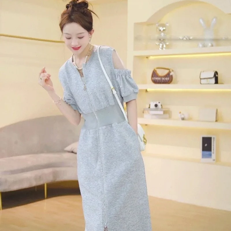 

Fashion O-Neck Zipper Off Shoulder Puff Sleeve Casual Dresses Women's Clothing 2024 Summer New Loose Solid Color Midi Dress