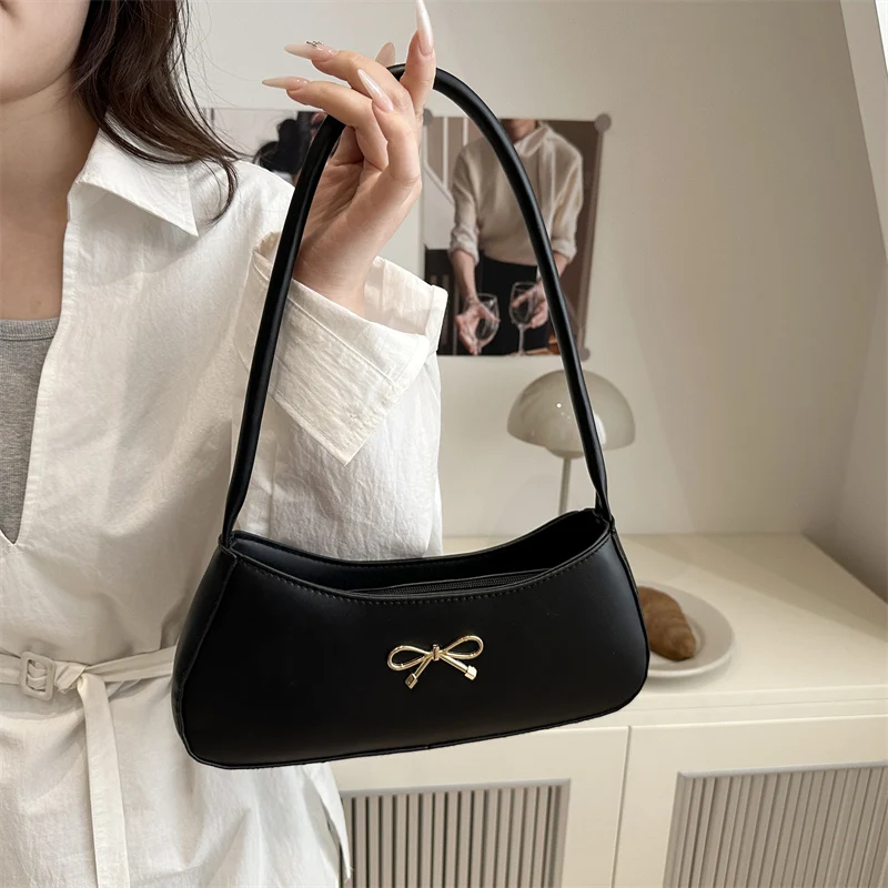 Women PU Bow Underarm Bag Stylish Armpit Bag Large Capacity Top Handle Bag Zip Closure Elegant Shoulder Purse Party Vacation Bag