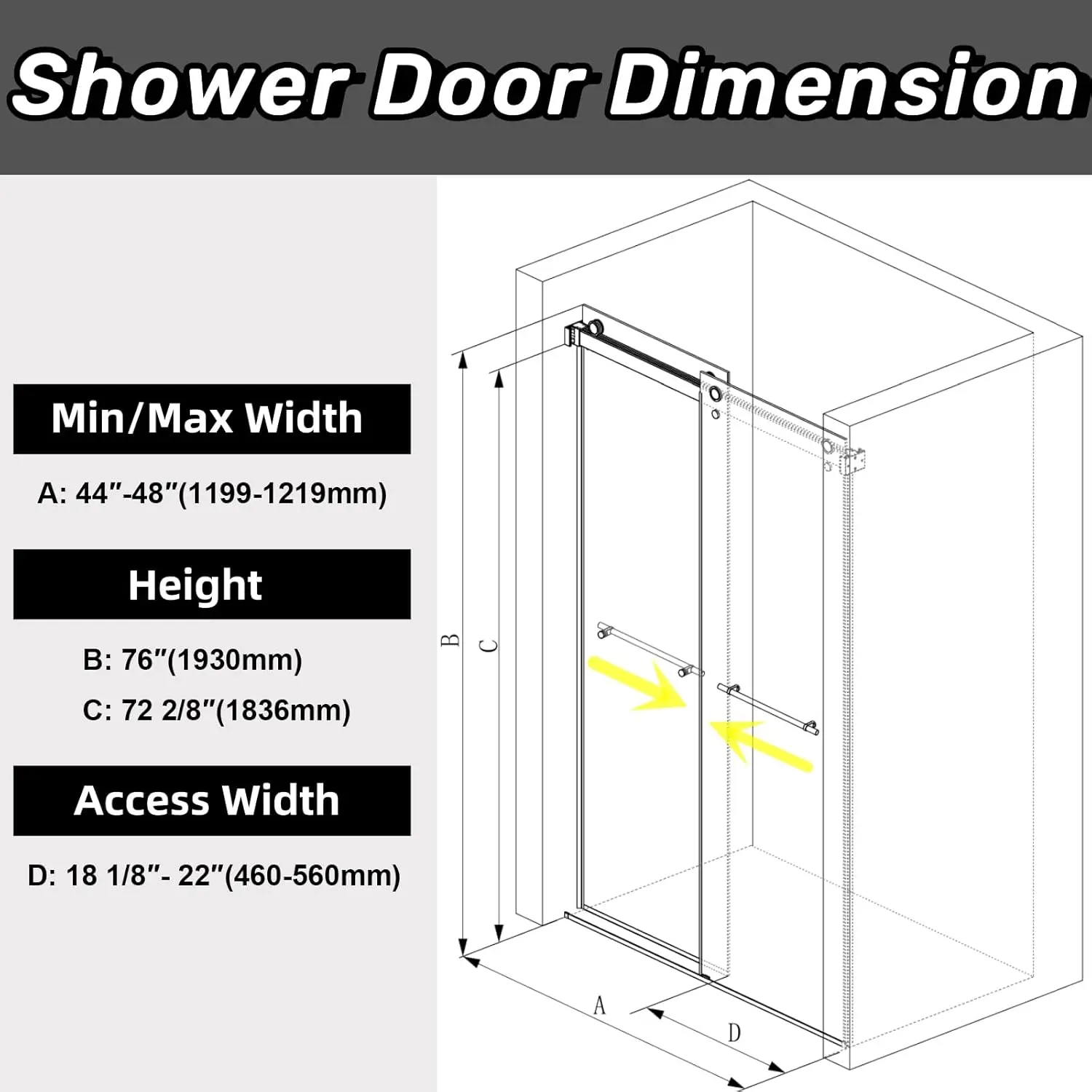 Sunrosa 44""-48"" W X 76"" H Frameless Shower Door, Clear Tempered Glass 5/16""(8Mm), Double Sliding Shower Door, Aluminum 5